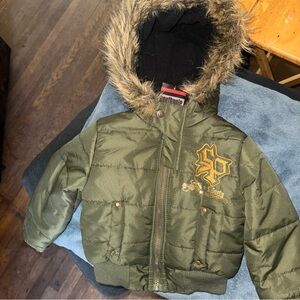 South Pole Olive Green Kids Puffer Jacket with Faux Fur Trim